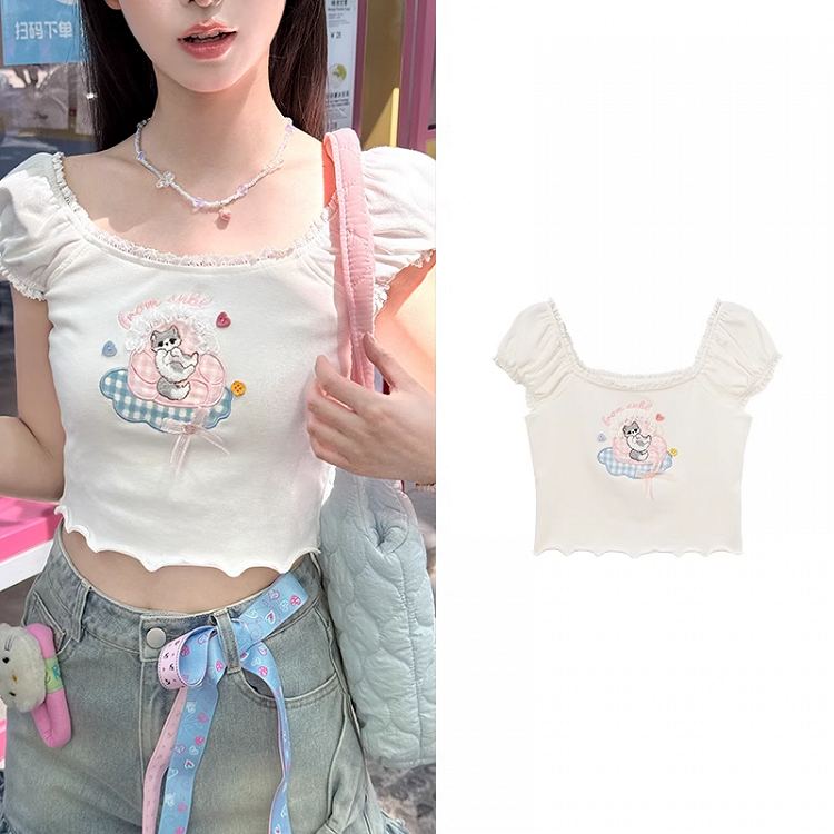 Adorable Cat Embroidery White Square Neckline and Short Puff Sleeves T-shirt