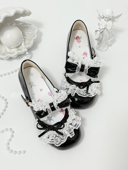 Black Bowknot Details Lace Trim Round Toe Lolita Shoes