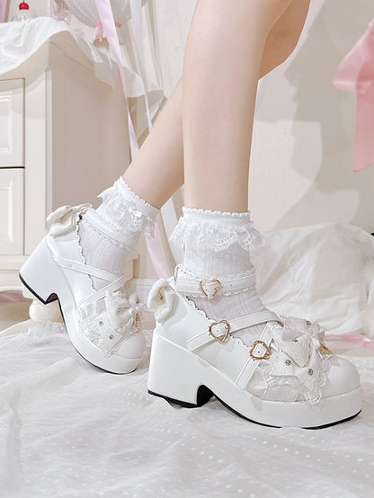 White Jirai Kei Bow at Top Crisscross Design Heart Buckles Platform High Block Heels Shoes
