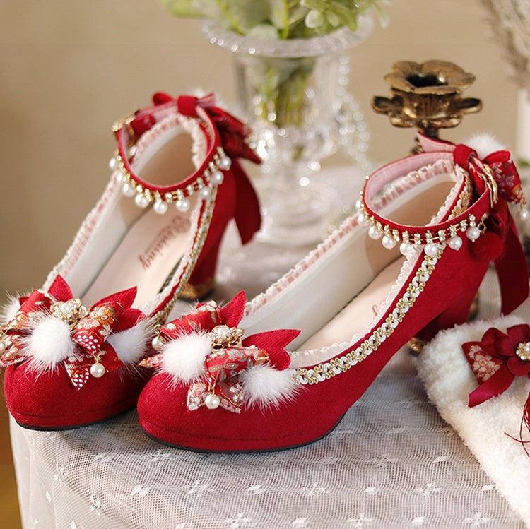 Red Bow Accents Cheongsam Style Lolita Block Heels