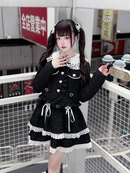 Jirai Kei White Long Sleeve Blouse | Black Bowknots & Lace Cut-Out Shoulder