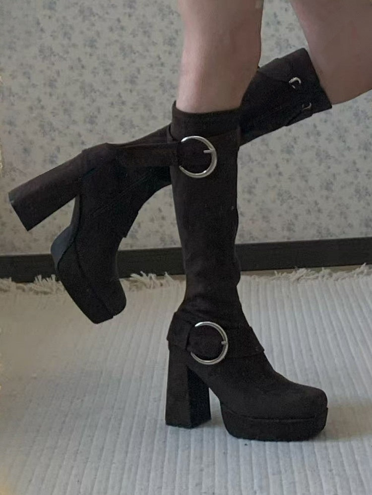 Buckle Details & Inner Zip Closure Square Toe Brown Knee-High Boots with Platform High Block Heel
