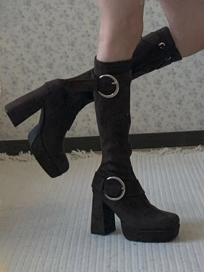 Buckle Details & Inner Zip Closure Square Toe Brown Knee-High Boots with Platform High Block Heel