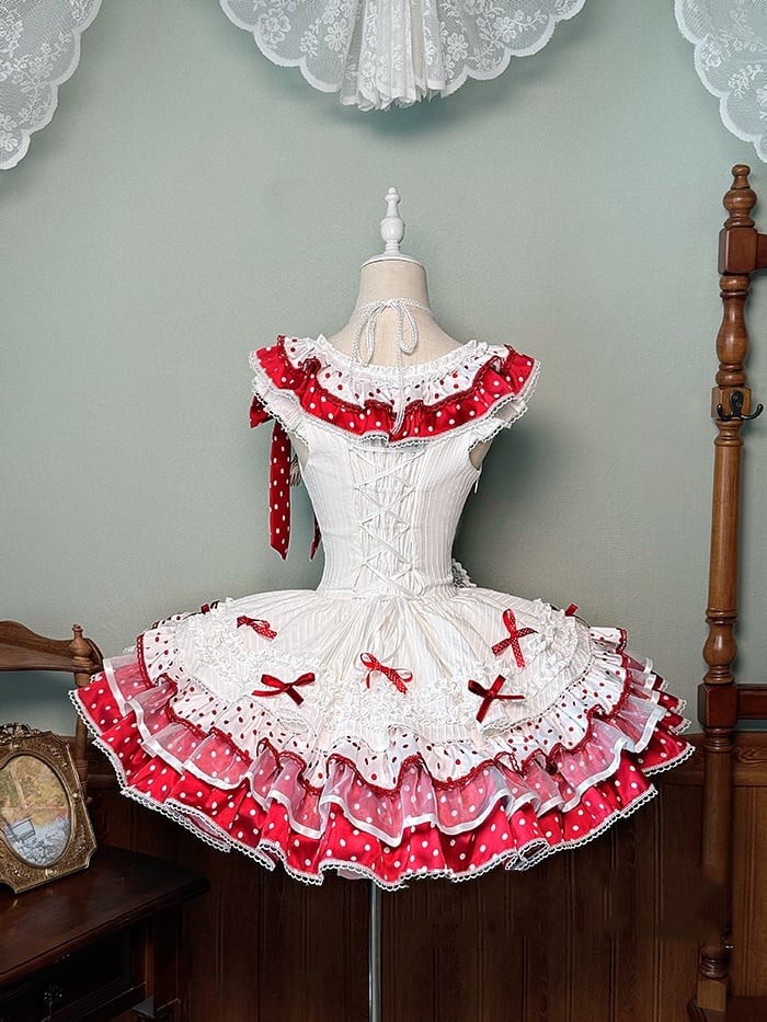 White and Red Polka-dot Bowknots on Bodice Tiered Skirt Sweet Lolita Jumper Skirt