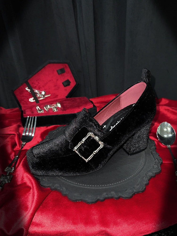 Gothic Velvet Black Square Toe High Block Heel Shoes