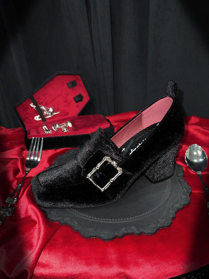 Gothic Velvet Black Square Toe High Block Heel Shoes