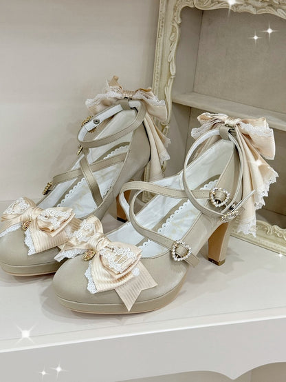 Gold Crisscross Design Heart Buckle Bow at Top High Heels