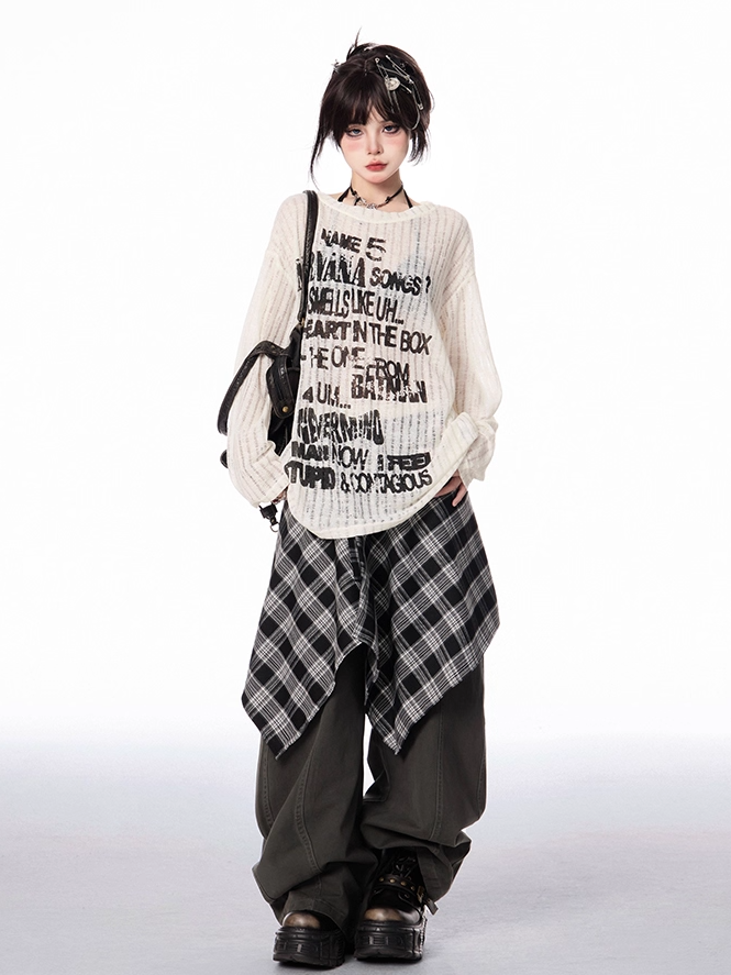 Dark Gray/Brown Low Rise Vintage Wide-leg Pants with Plaid Waist Accessory