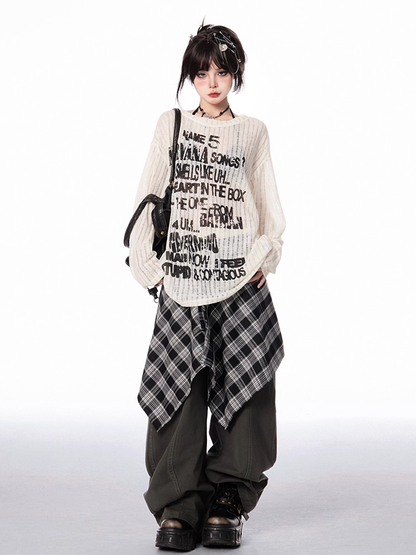 Dark Gray/Brown Low Rise Vintage Wide-leg Pants with Plaid Waist Accessory