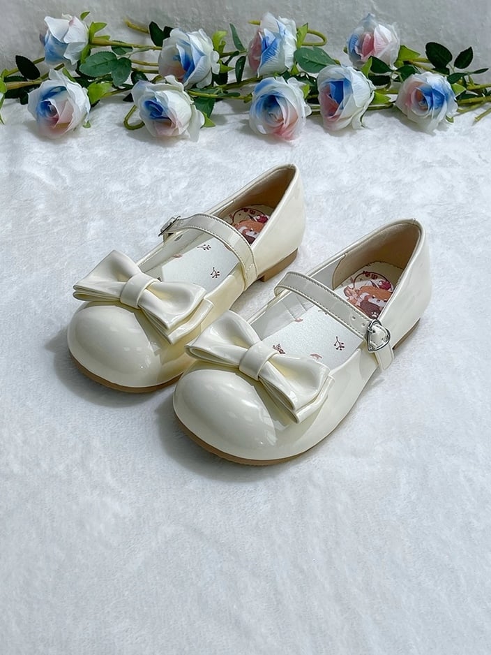 Sweet Beige Lolita Low Heels - Round Toe Design with Heart Fastener & Delicate Bow Details