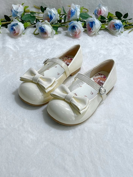 Sweet Beige Lolita Low Heels - Round Toe Design with Heart Fastener & Delicate Bow Details