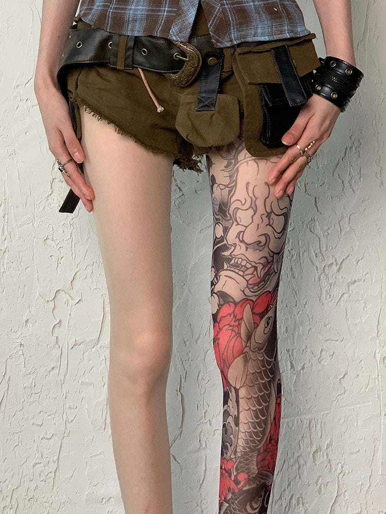 Nude Gyaru Fashion Asymmetrical Design Fish Tattoo Print Tights