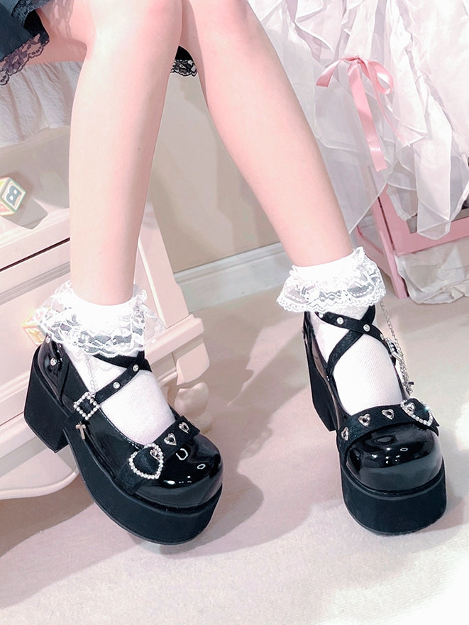 Rhinestoned Heart Design Black Jirai Kei Buckle Ankle Strap Platforms with Cross Chain