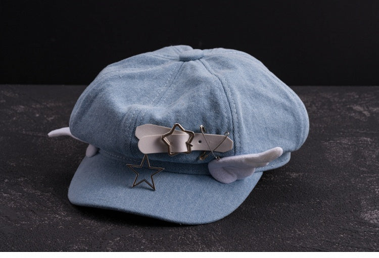 Handmade Star Buckle and Wings Light Blue Denim Hat