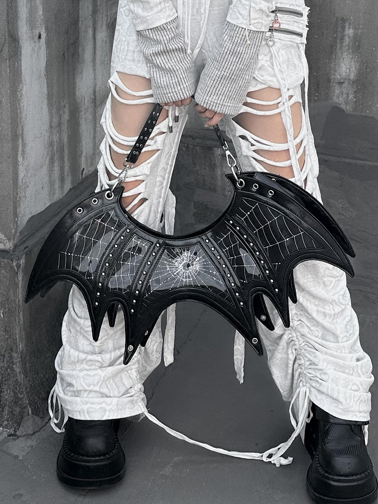 Gothic Spiderweb Print Black Studs Bat Tote Bag with Three Straps