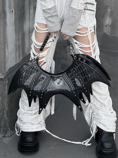 Gothic Spiderweb Print Black Studs Bat Tote Bag with Three Straps