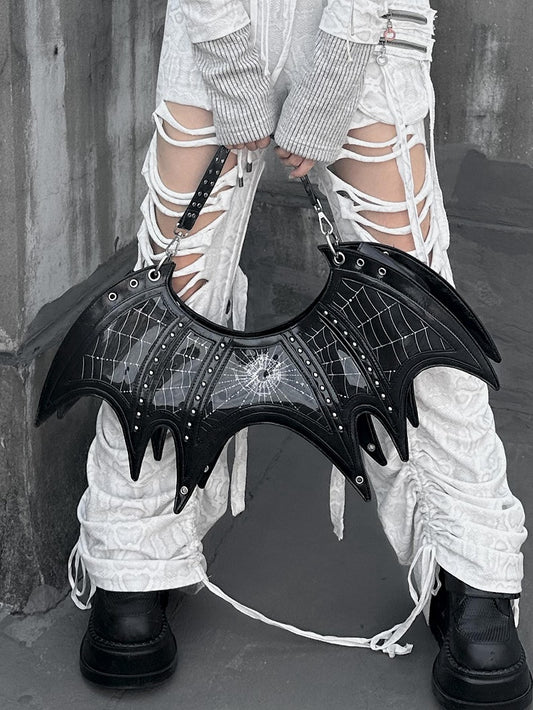 Gothic Spiderweb Print Black Studs Bat Tote Bag with Three Straps