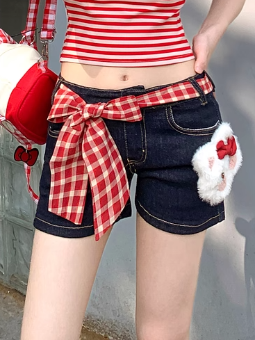 Dark Blue Straight-leg Denim Shorts with Kitty Plushie and Red Plaid Waist Accessory
