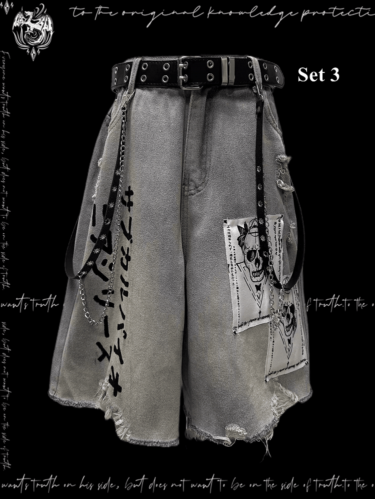 Light Blue Skeleton Appliques Distressed Holes Wasteland Punk Wide-Leg Jeans