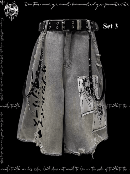 Light Blue Skeleton Appliques Distressed Holes Wasteland Punk Wide-Leg Jeans