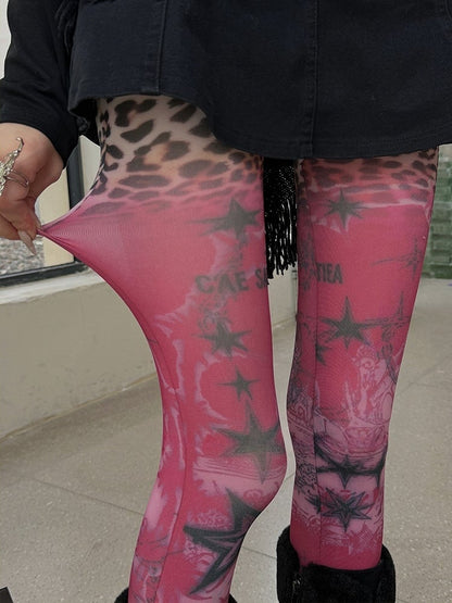 Red 100D/20D Star Leopard Print Lace Trim Tights