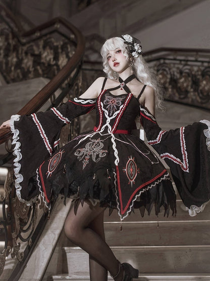 Black and Red Halter Neck Cthulhu Vibes Lolita Dress with Detachable Bell Sleeves