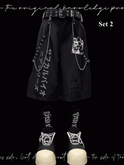 Punk Skeleton and Cross Appliques Black Wide-leg Shorts