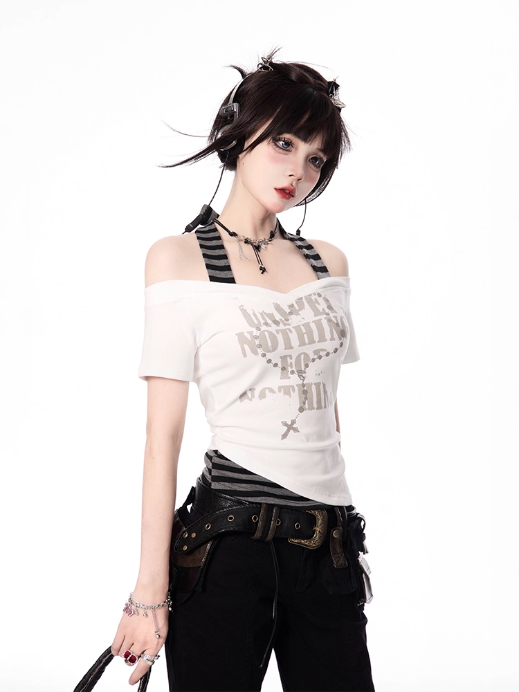 Y2K Cross Necklace Print White and Gray Striped Halter Neck T-shirt