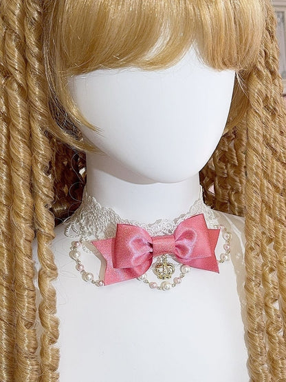 4 Color Options Beaded And Crown Pendant Bowknot Lace Choker