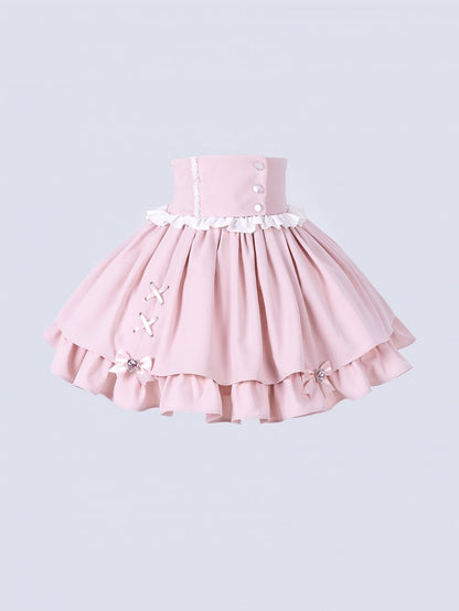 Sweet Pink Jirai Kei High Waist Layered Skirt Smocked Elastic and Self-tie Bow Back
