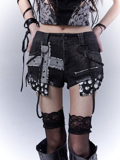 Punk Black Cross Applique Studded Glamorous Denim Shorts with Beaded Chain