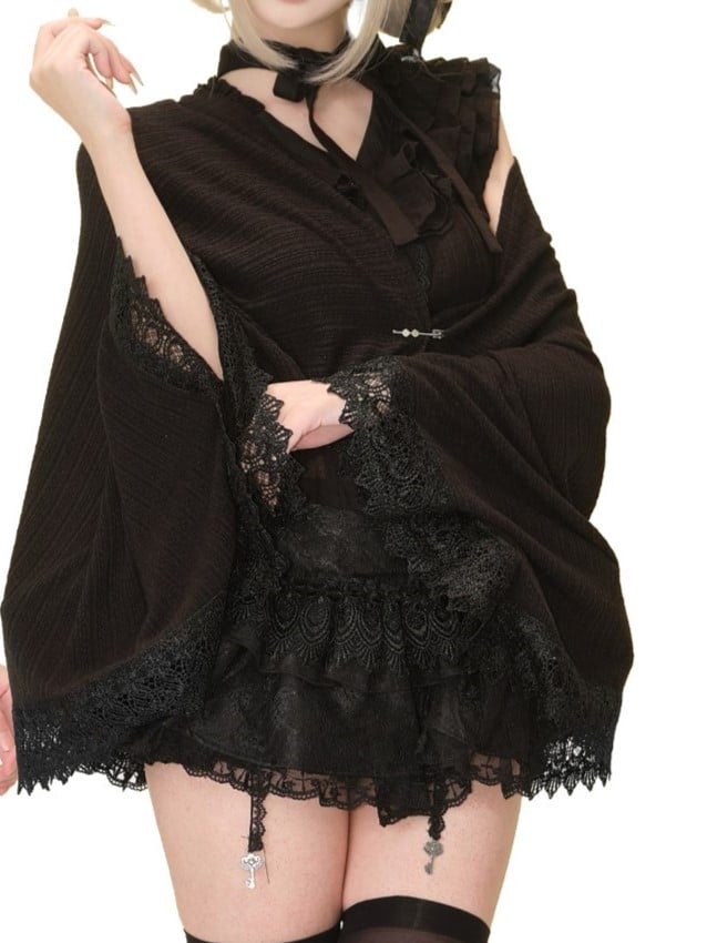 Black Knit Shawl with Lace Trim and Safety Pin Closure