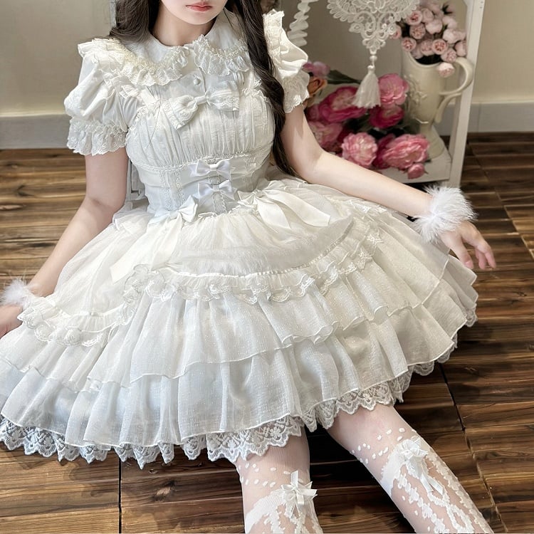 White Drawstring Overlay Tiered Skirt Princess Lolita Shiro Dress