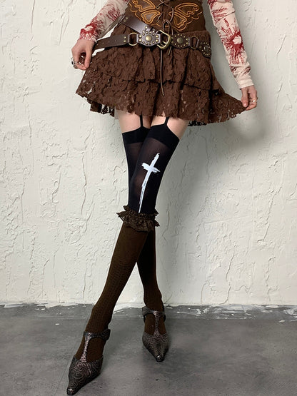 Brown Y2K Ruffled Cuff Under-knee Stockings