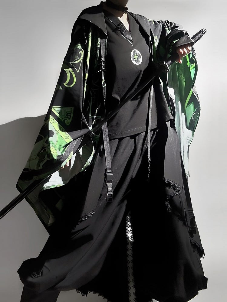 Black Ouji Fashion Buckle Strap V-neck Techwear T-shirt