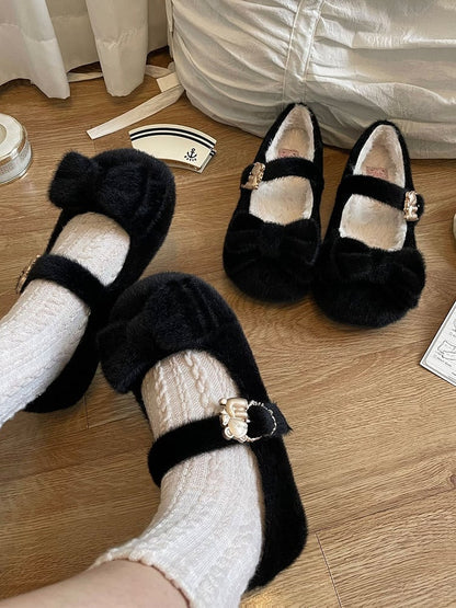 Thicken Version Sweet Black Lolita Flats for Winter - Bow at Top, Fleece Lining & Bear Decor Heart Buckle