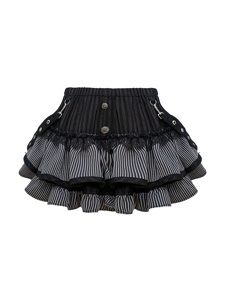 Gothic Black & Gray Striped Tiered Mini Skirt with Strap Accents