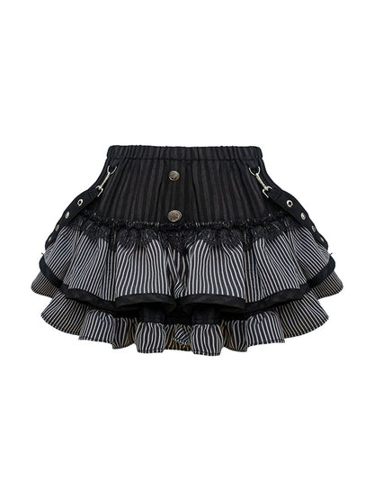 Gothic Black & Gray Striped Tiered Mini Skirt with Strap Accents