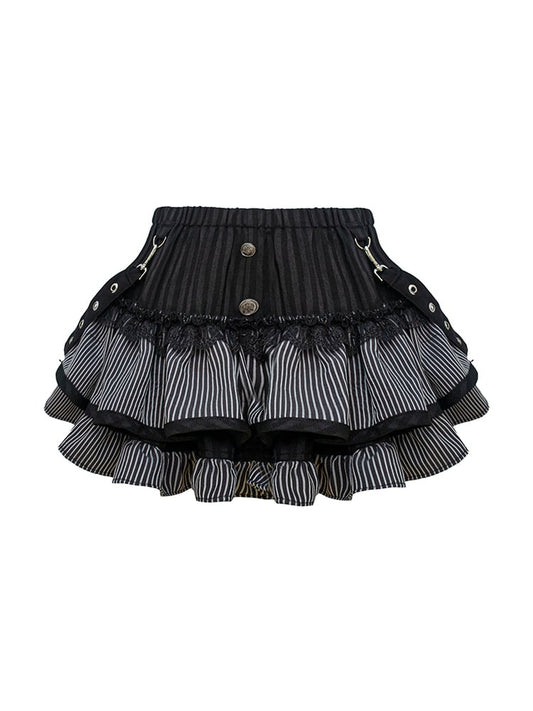 Gothic Black & Gray Striped Tiered Mini Skirt with Strap Accents