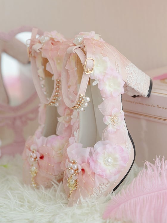 Pink Sakura Hime Lolita Shoes Bow Accents Beaded Detail Princess High Heels