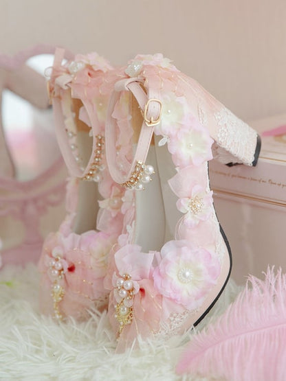 Pink Sakura Hime Lolita Shoes Bow Accents Beaded Detail Princess High Heels