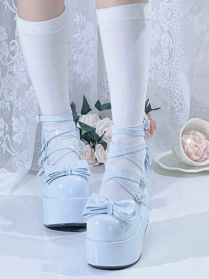 Light Blue Bowknot Buckle Straps Round Toe Platform Lolita Shoes
