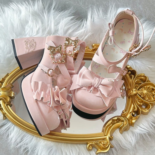 Pink Bear Buckle Straps Bowknot High Block Heels with Bear Embroidery
