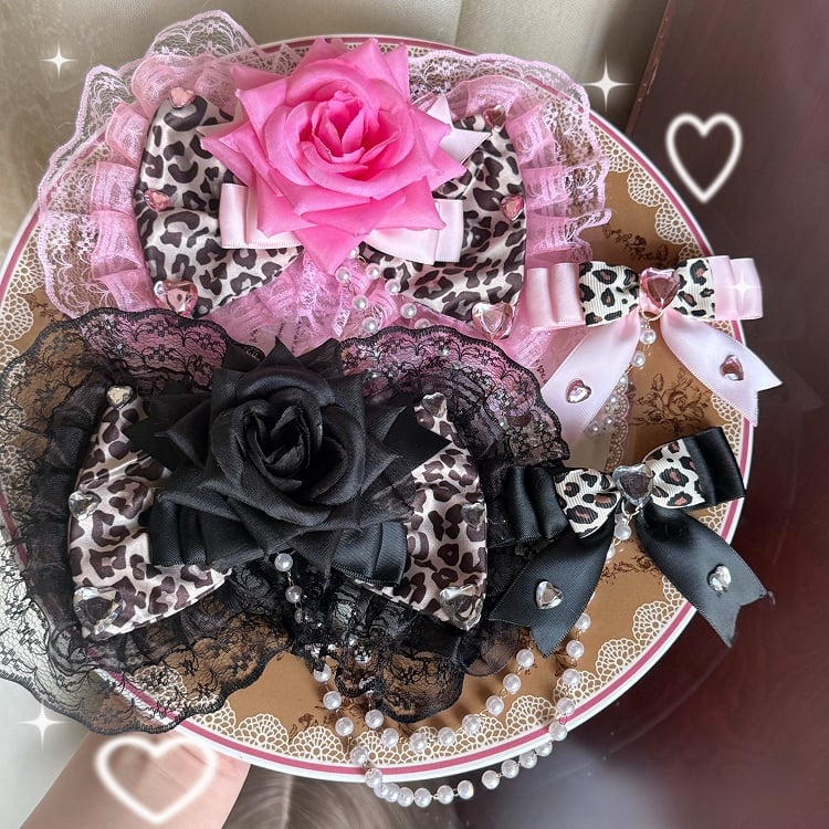 Two Pink/Black Leopard Pattern Floral Design Bead Chain Bowknot Hairclips