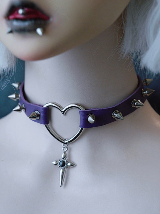 Purple Gothic Cross Pendant Studs Details Heart Choker