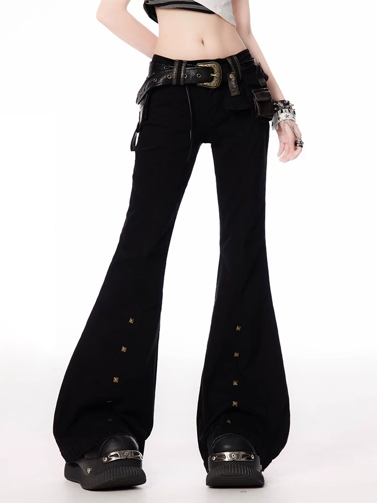 Black Low Waist Studded Cuffs Flared Pants with Buckle Belt