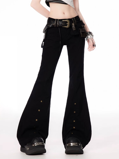 Black Low Waist Studded Cuffs Flared Pants with Buckle Belt