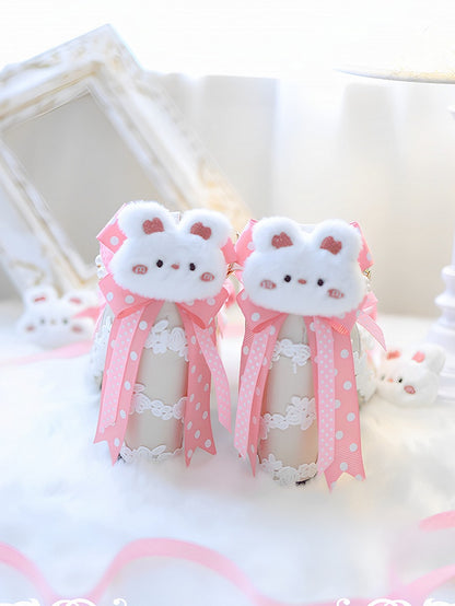 Pink Sweet Lolita Bow at Top Plush Bunny Decorated 5CM Block Heels Lolita Shoes
