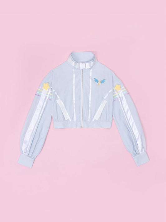 Buckle Strap High Collar Blue Moto Jacket with Lightning Wing Patch Rainbow Dash Vibes