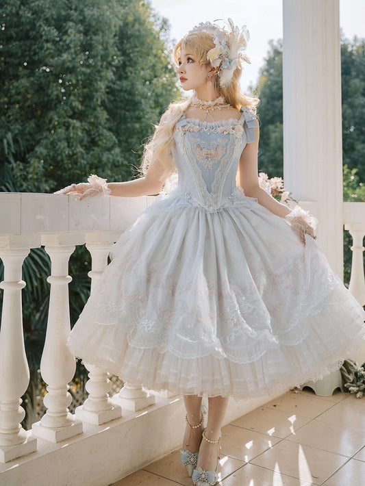 Blue Floral Embroidery Princess Corset Top + Skirt Hanayome Full Set